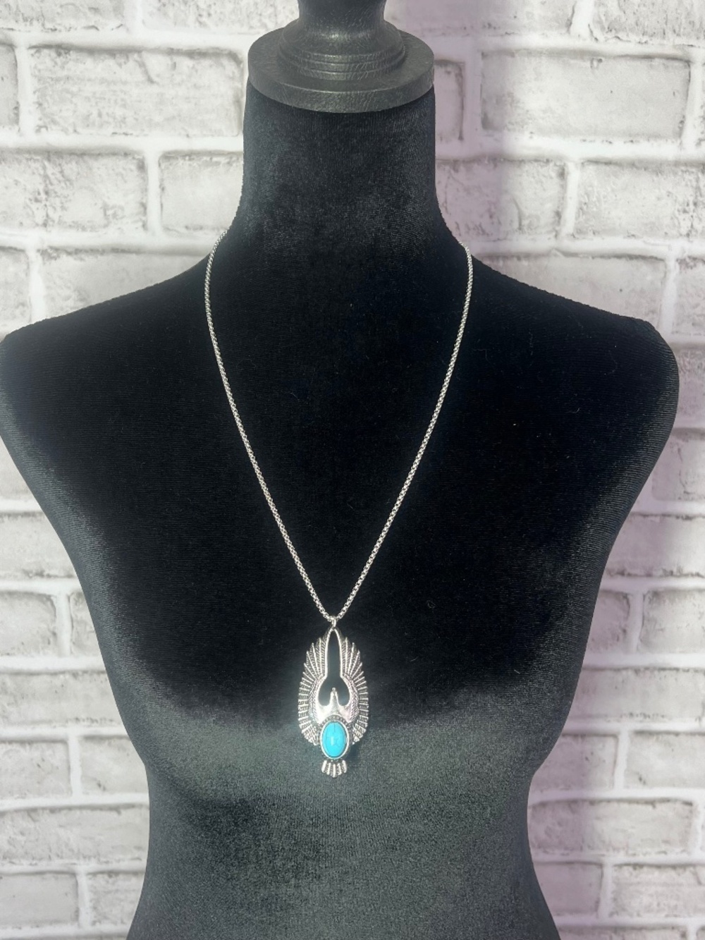 Silver Tone • Turquoise Blue Phoenix Bird Wing Pendant Boho Necklace